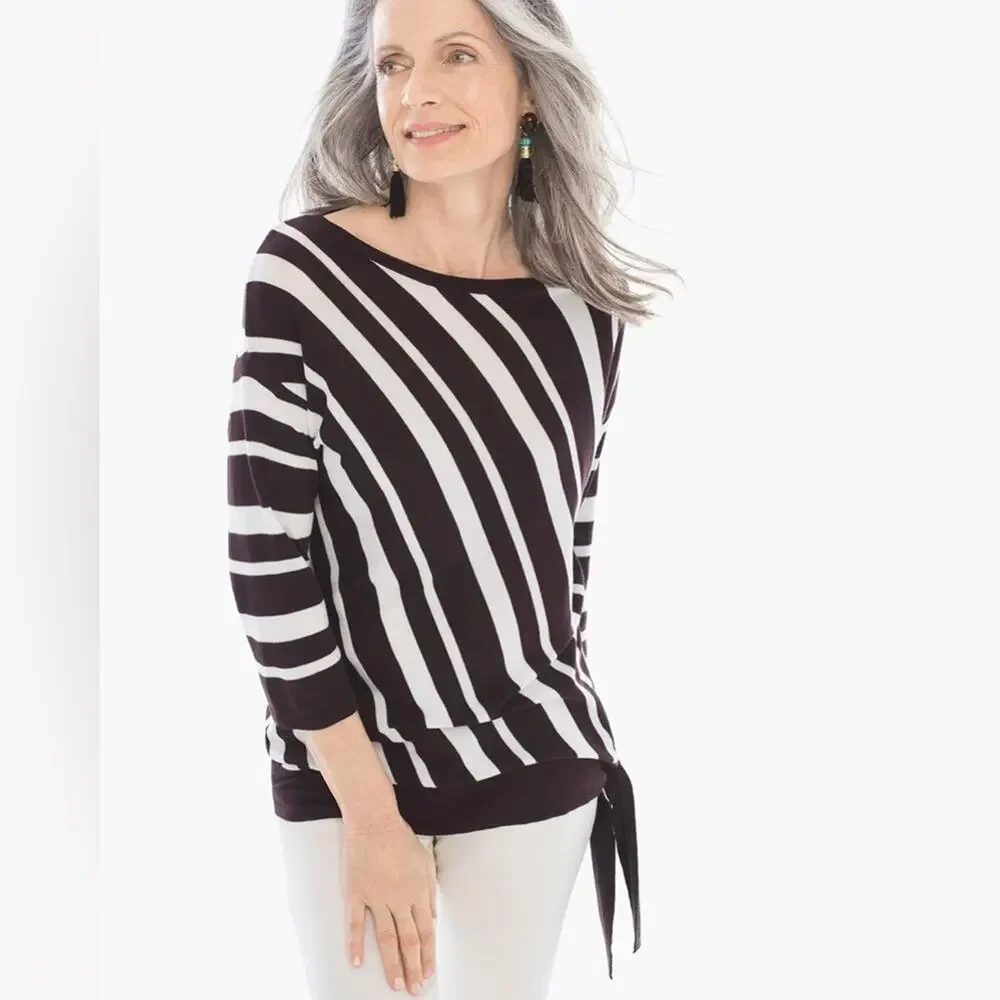 Chico’s Suki Side Tie Pullover Sweater Stripes 3/4 Sleeve Hem Tie EUC Sz XL - Picture 11 of 13